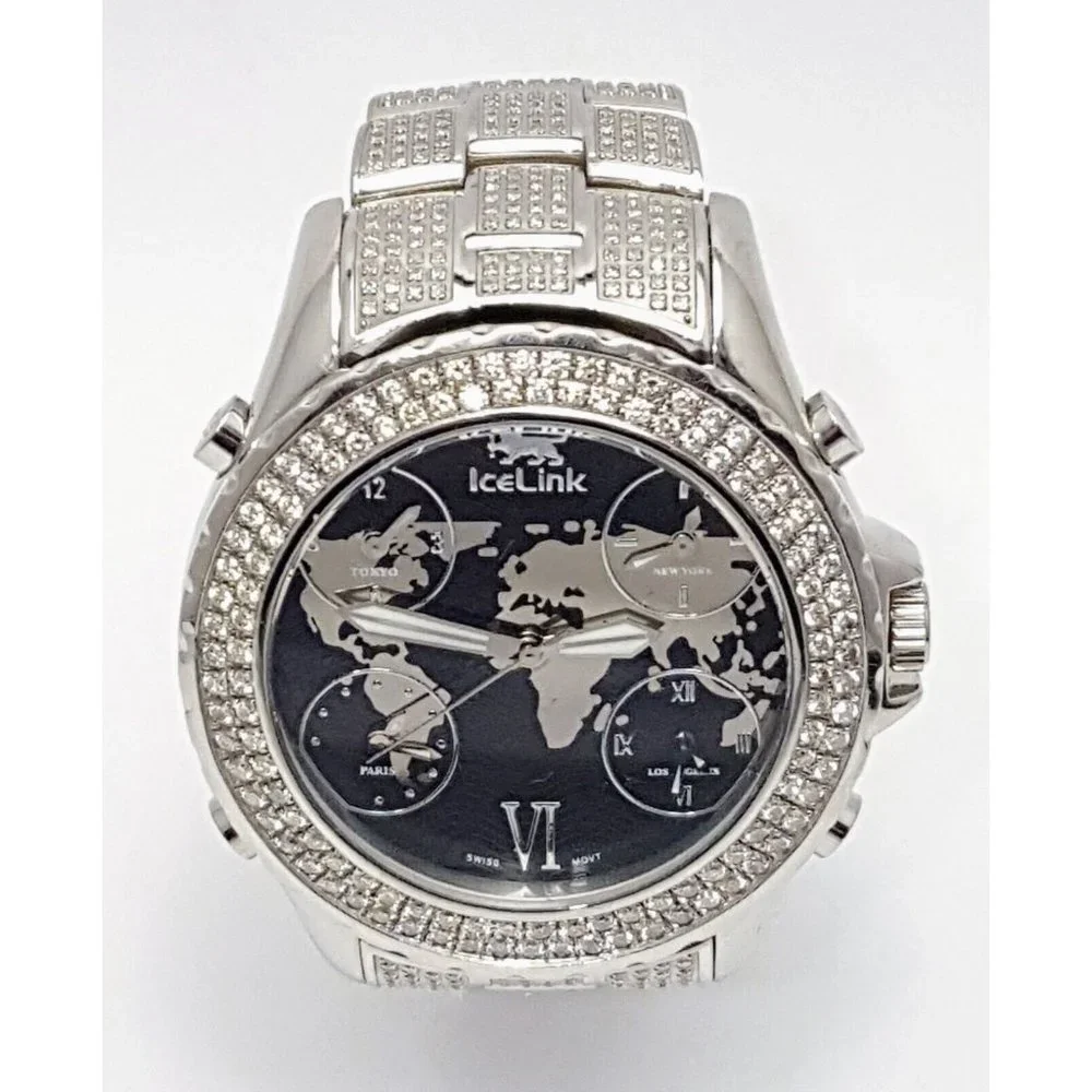 IceLink Marco Polo No. 1409 Black and Steel Watch w/Diamond Bezel and Strap 50mm